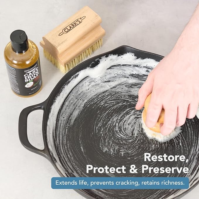 CLARK'S Cast Iron Cleaner 12 oz, Plant-Based Coconut Scented Cast Iron Soap | Cast Iron Soap for Skillets, Griddles - Protects and Restores Cookware - Made in USA