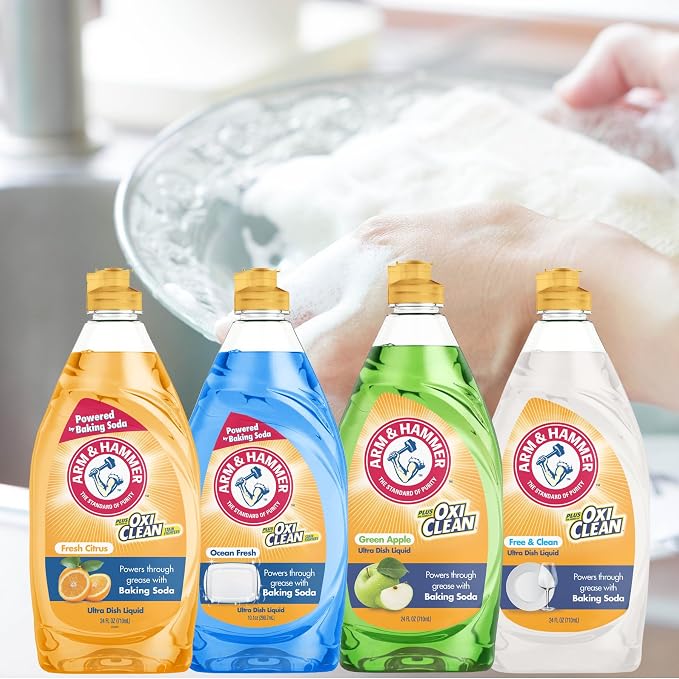 Arm & Hammer Ultra Dish Soap Variety Pack, 4-Pack (24oz Each) – Citrus, Ocean Fresh, Crisp Apple & Free & Clear – Powerful Grease Cleaning, Fresh Scents