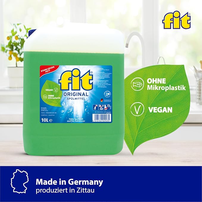 fit Hand Washing Up Liquid 10 L Canister, Dishwasher Detergent Against Grease and Strength, Skin-Friendly, Vegan, Microplastic-Free, Original