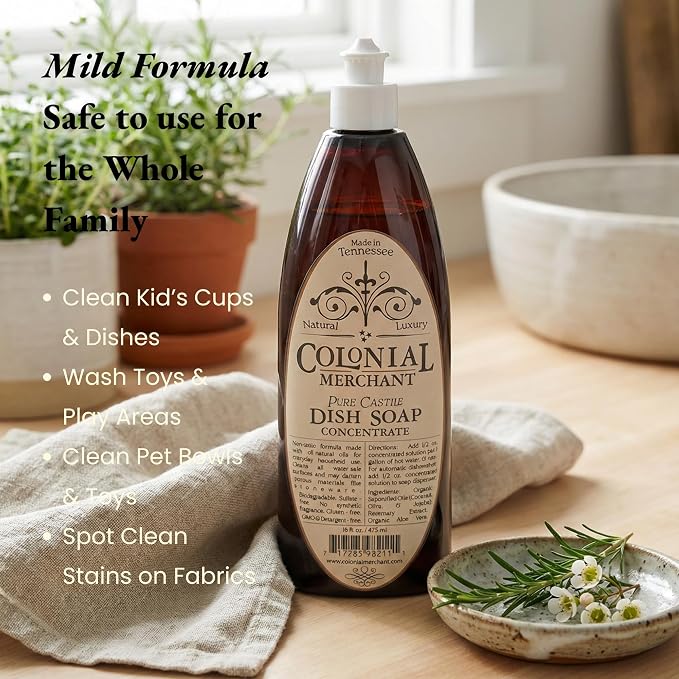 Colonial Merchant Pure Castile Dish Soap Concentrate, Fragrance‑Free, Plant‑Based & Detergent‑Free, Made with Organic Saponified Oils, Gentle Family‑Safe Dish Soap, Made in USA