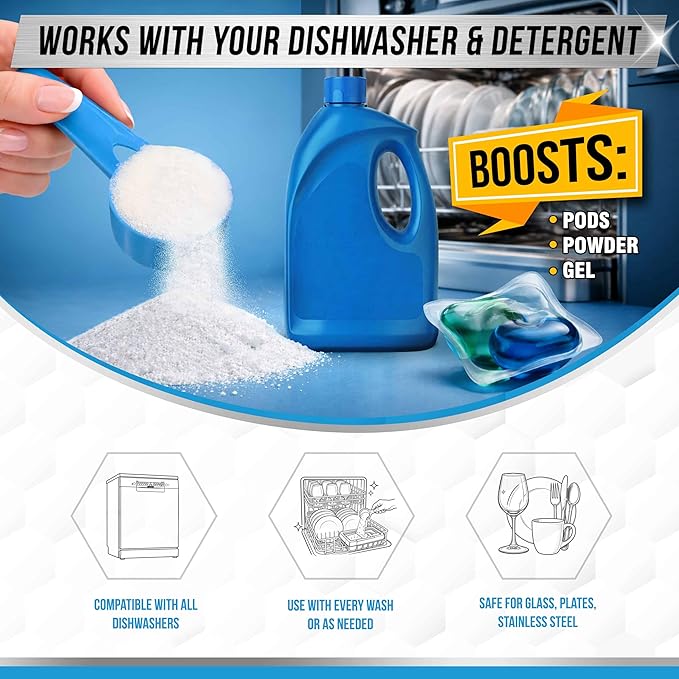 Dishwasher Detergent Booster Prewash Powder - ACTIVE Citric Acid Dishwashing Additive for Hard Water, Natural Dish Washer Shine & Rinse Aid, Lime Scale Remover for Cloudy Glassware - 64 Uses (32-oz)