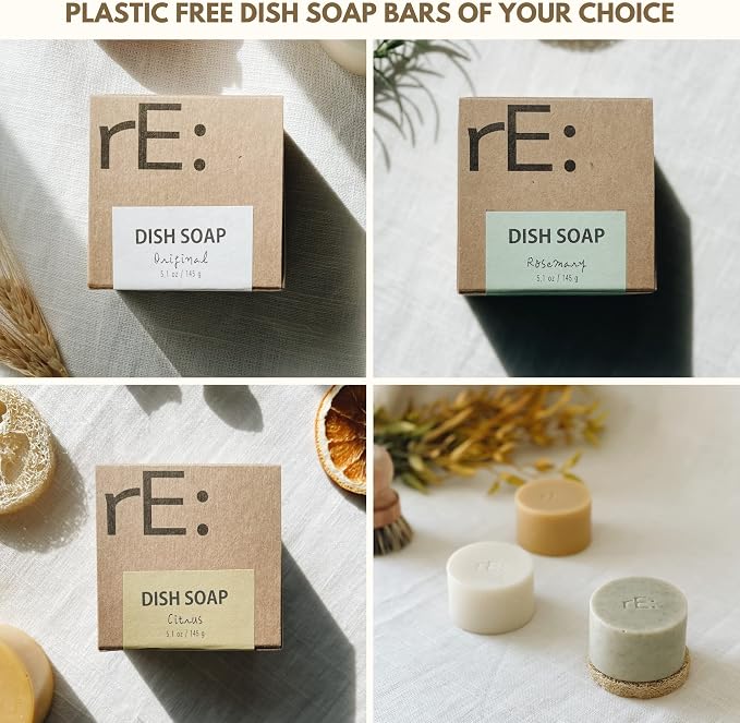 rE: REKURATOR Dishwashing Soap with Loofah Holder – Eco-Friendly, Gentle, Plant-Based Dish Bar , No Artificial Dyes or Fragrance 3pk (Assorted) , 5.1 oz