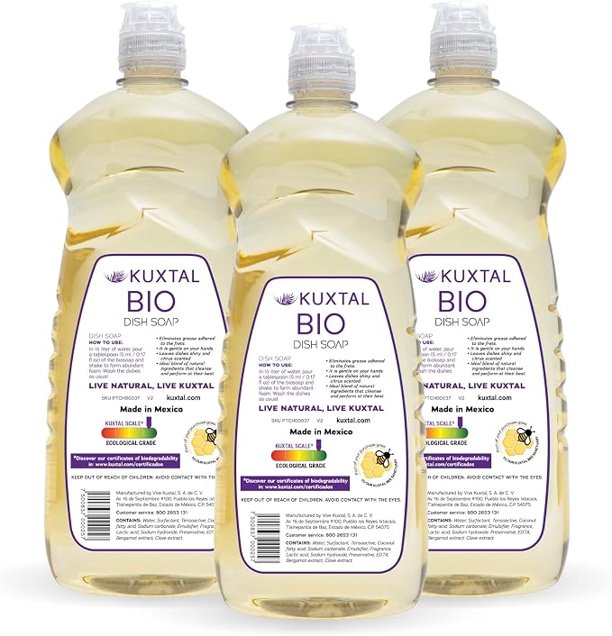 KUXTAL Dish Soap 3 Pack – Gentle on Hands, Powerful Grease Cutting, Biodegradable Plant-Based Formula for Hand Washing, Natural Citrus Scent, 27.7 fl oz Each