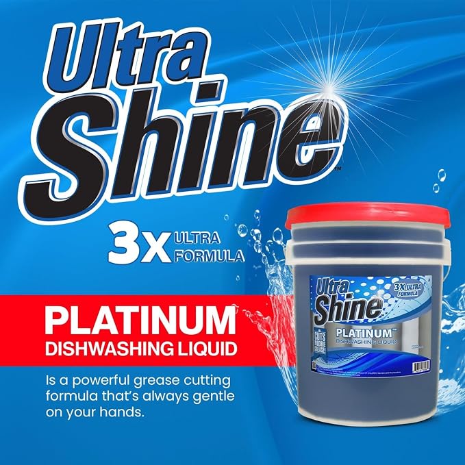 Ultra Shine 3X Platinum Concentrated Dishwashing Liquid Dish Soap, 5 Gallon Bucket - Bulk Refill Commercial Kitchen Degreaser with Grease Cleaning Power, Gentle on Hands and Skin