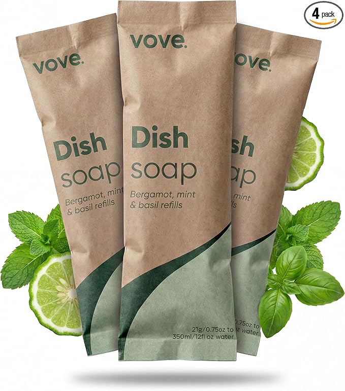 Vove Dish Soap Refills 3-Pack, Bergamot Mint & Basil, Powder-to-Gel Dishwashing Liquid Refill, Plant-Based Concentrated Formula, Grease-Cutting Power, Plastic-Free Compostable Packaging, Essential oil