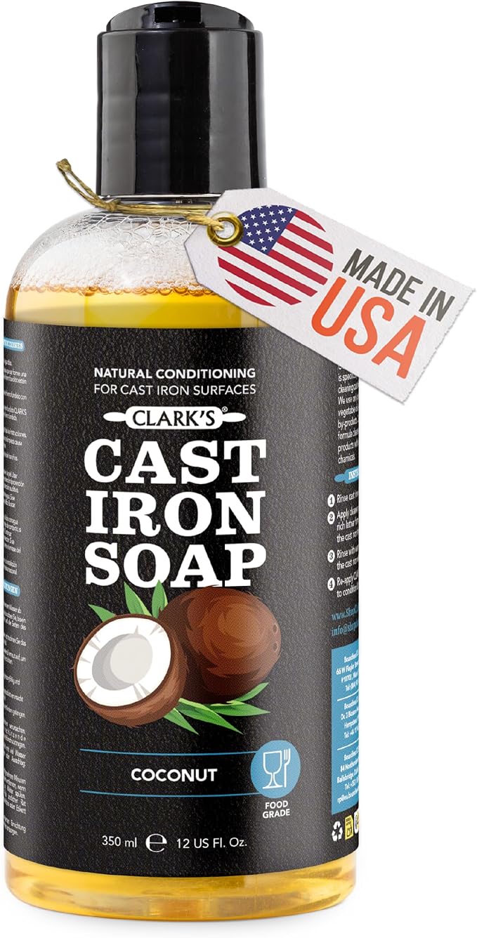 CLARK'S Cast Iron Cleaner 12 oz, Plant-Based Coconut Scented Cast Iron Soap | Cast Iron Soap for Skillets, Griddles - Protects and Restores Cookware - Made in USA