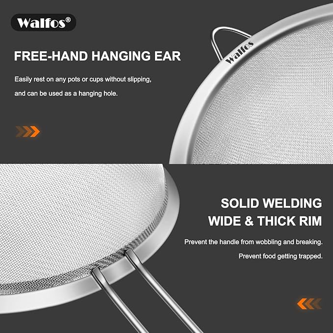 Walfos 7.8 Inch Fine Mesh Strainer, Premium Stainless Steel Colanders and - Image 4