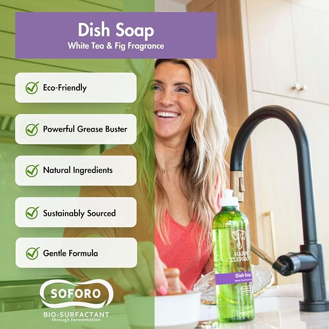 Happy Elephant Dish Soap, White Tea & Fig Scent, Natural Biodegradable Liquid Dish Soap, Plant Based, Grease Fighting, Tough on Food, Gentle on Hands, No Synthetic Fragrance, 12 Fl Oz