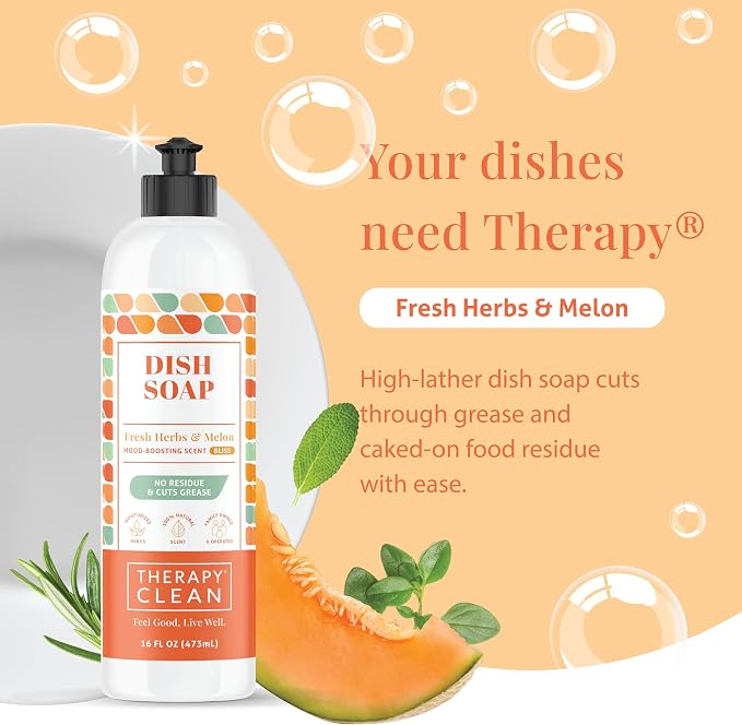 Therapy Clean Dish Soap Fresh Herb & Melon (6-Pack), Dishwashing Liquid, Dishwasher Soap, Natural Dish Soap Refill, Dishsoap, Dish Washing Liquids, Bottle Soap