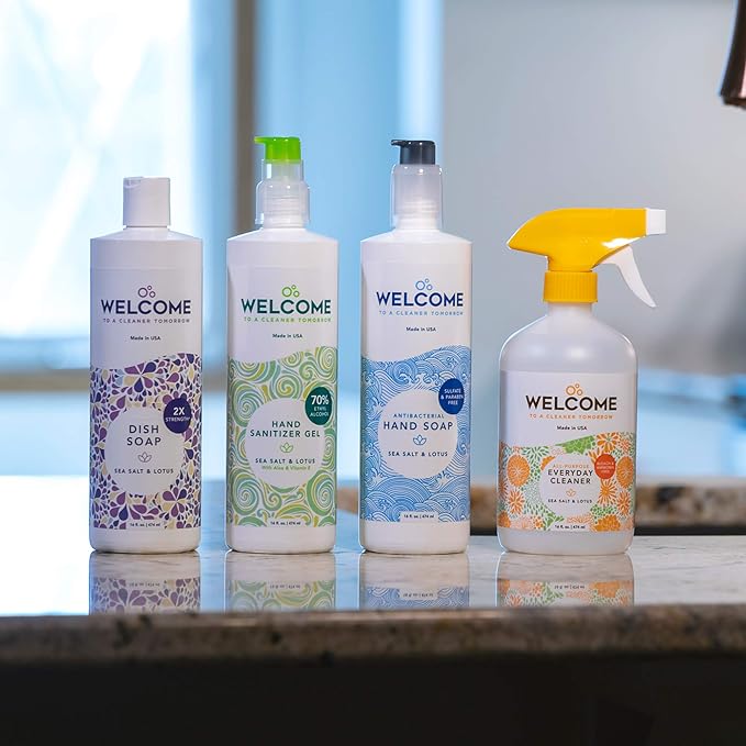 WELCOME Dish Soap - Cuts Grease - Soft on Hands - Paraben & Phthalate Free - Made in the USA - Sea Salt and & Lotus (16oz) 2 Pack