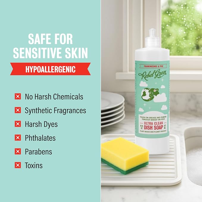 Rebel Green Ultra Clean Dish Soap, Plant-Derived Dishwashing Soap | Liquid Dish Soap for Grease and Tough Messes, No Harsh Chemicals, Frankincense & Pine Scent, 16 fl oz, 1 Pack