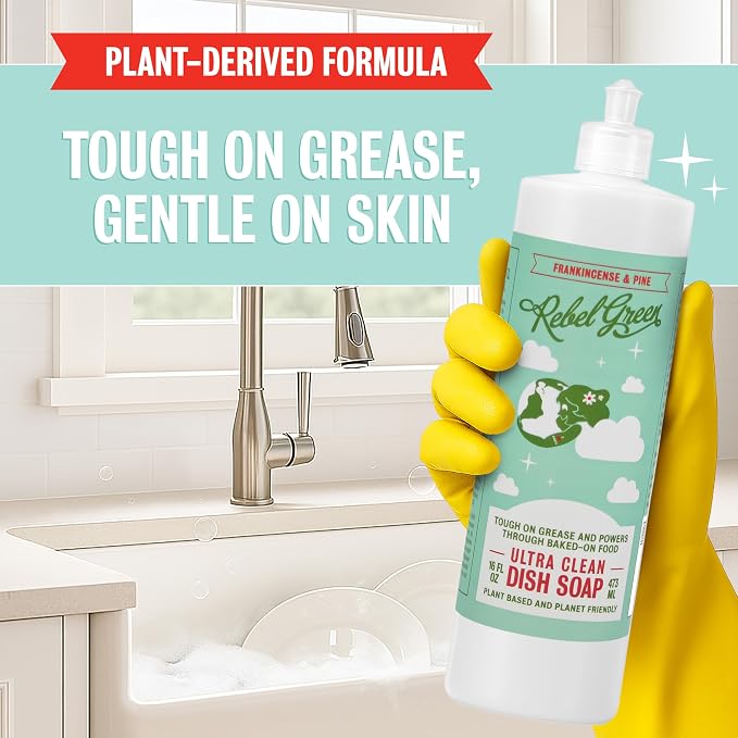 Rebel Green Ultra Clean Dish Soap, Plant-Derived Dishwashing Soap | Liquid Dish Soap for Grease and Tough Messes, No Harsh Chemicals, Frankincense & Pine Scent, 16 fl oz, 1 Pack