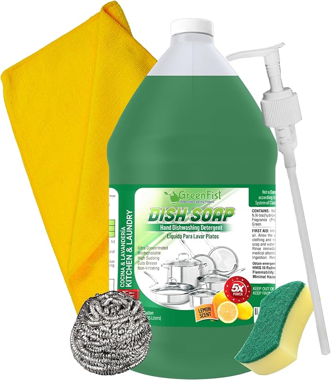 GreenFist Dish Soap Ultimate Kitchen Kit – Pump, Towel, Sponges & Scrubbers, Complete Cleaning Bundle – 1 Gallon, Lemon Scent (1 Gallon + Ultra Scrubber & Sponge)