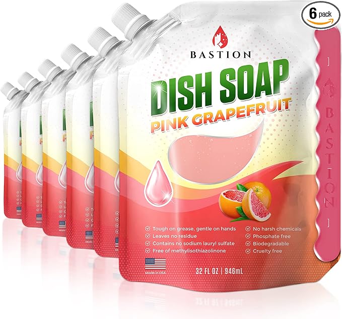 Bastion Dish Soap - Liquid Dishwashing Degreaser & Detergent - Pink Grapefruit Fragrance - (6) 32oz Refill Pouches - All Natural - Cruelty-Free
