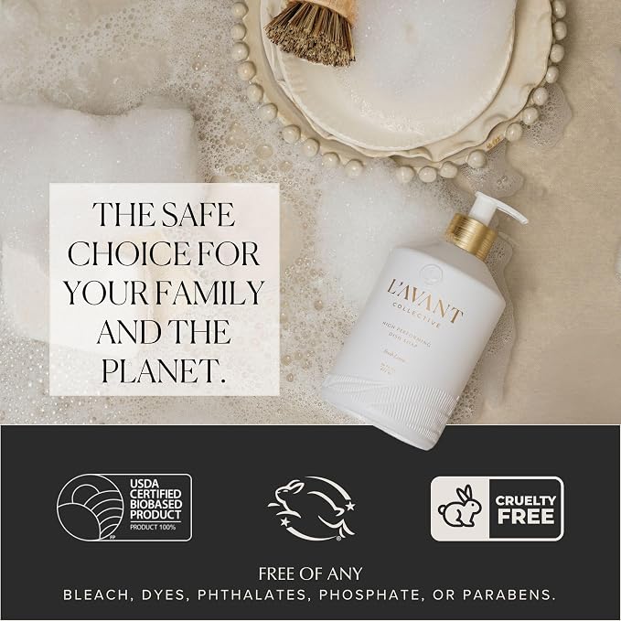 L'AVANT Collective The Ultimate Dish Wash Duo, Natural Luxury Dish Soap 16 Fl Oz with Refillable Glass Pump Bottle & 2 Loofah Dish Sponges for Pots, Pans, Dishes and Kitchen Cleaning, Fresh Linen
