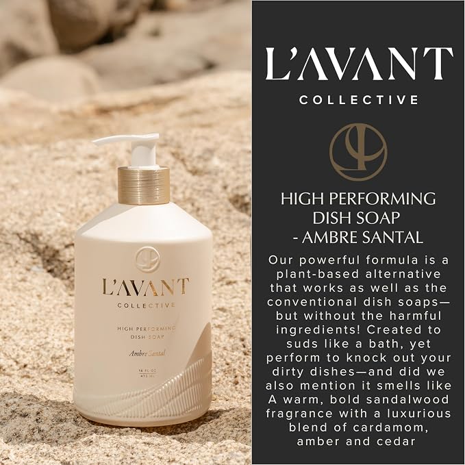 L'AVANT Plant-Based Luxury Dish Soap with Pump, Ambre Santal, 16 Fl Oz | Plant-based grease-cutting formula, refillable glass bottle with pump, gentle on hands, kid and pet safe, Ambre Santal scent
