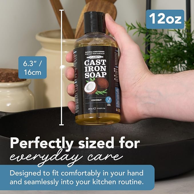 CLARK'S Cast Iron Cleaner 12 oz, Plant-Based Coconut Scented Cast Iron Soap | Cast Iron Soap for Skillets, Griddles - Protects and Restores Cookware - Made in USA