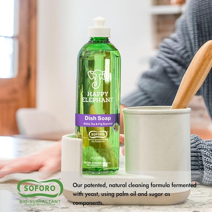 Happy Elephant Dish Soap, White Tea & Fig Scent, Natural Biodegradable Liquid Dish Soap, Plant Based, Grease Fighting, Tough on Food, Gentle on Hands, No Synthetic Fragrance, 12 Fl Oz, 3 Pack