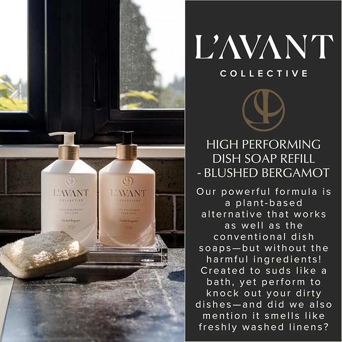 L'AVANT Natural Dish Soap Refill, Plant-Based, 32 Fl Oz, Blushed Bergamot | Plant-based, non-toxic formula, grease-cutting power, gentle on hands, Blushed Bergamot scent, cruelty-free, 32 fl oz refill