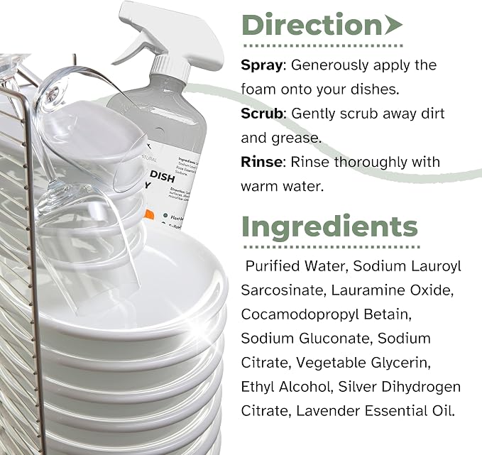 Lavender Foaming Dish Spray — Plant-Based, Non-Toxic & Hypoallergenic Cleaner, Powerful Foaming Action Cuts Grease, Spray • Wipe • Rinse, 16 fl oz
