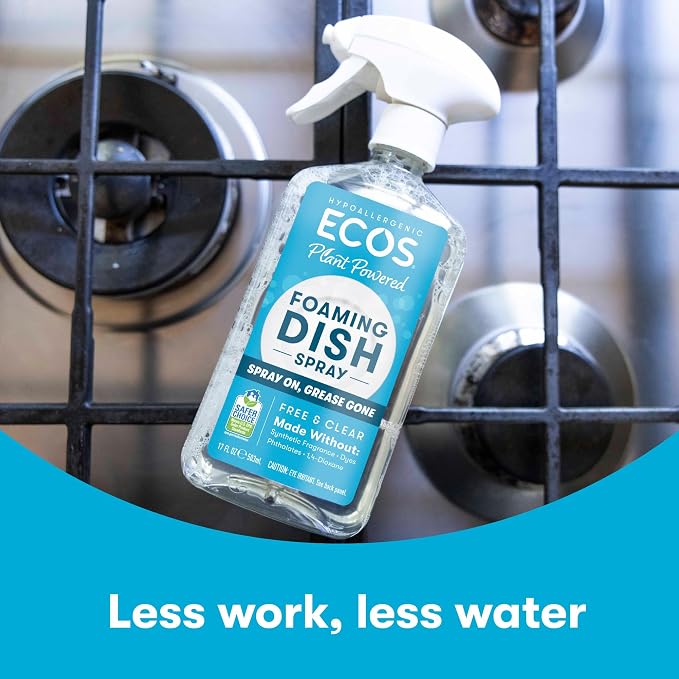 ECOS Foaming Dish Soap, Powerful Spray-On Formula, Saves Water, Wipe & Rinse Dish Cleaner - Hypoallergenic - Free & Clear, 17 Fl Oz (Pack of 4)