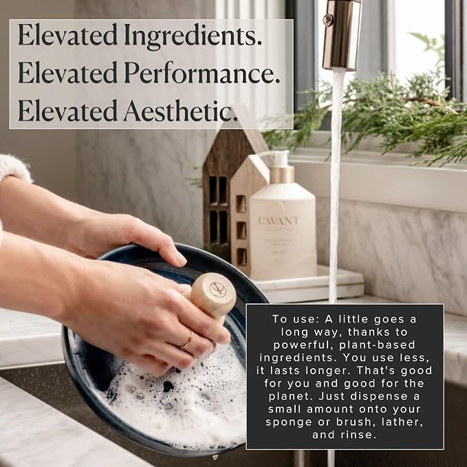 L'AVANT Natural Dish Soap, Plant-Based, Refillable Pump, Winter Fir, 16 oz | Plant-based formula, grease-cutting power, refillable glass pump bottle, gentle on hands, kid and pet safe, Winter Fir scent