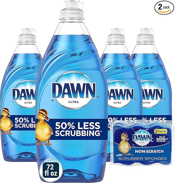 Dawn Ultra Dishwashing Liquid Dish Soap (4x18 Fl oz) + Non-Scratch Sponge (2 Count), Original Scent