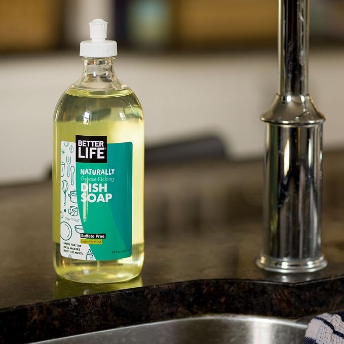 Better Life Dish Soap - Liquid Dishwashing Soap with Vitamin E and Aloe for Home & Kitchen Sink - No Gloves Required Kitchen Soap for Sensitive Skin - 22oz Lemon Mint