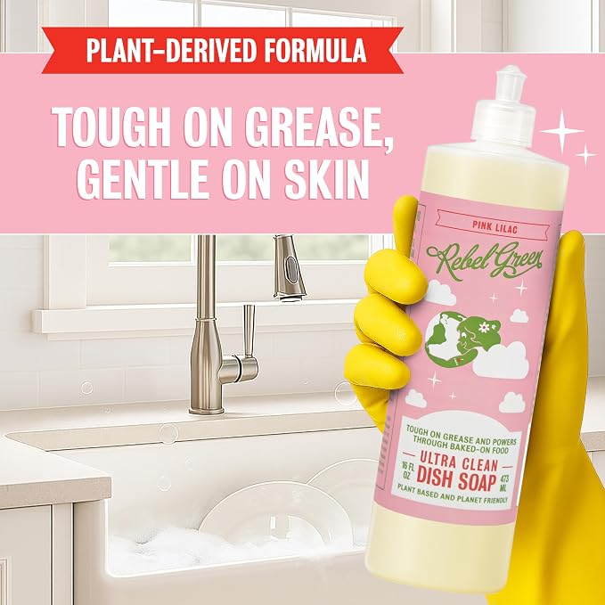 Rebel Green Ultra Clean Dish Soap, Plant-Derived Dishwashing Soap | Liquid Dish Soap for Grease and Tough Messes, No Harsh Chemicals, Pink Lilac Scent, 16 fl oz, 1 Pack