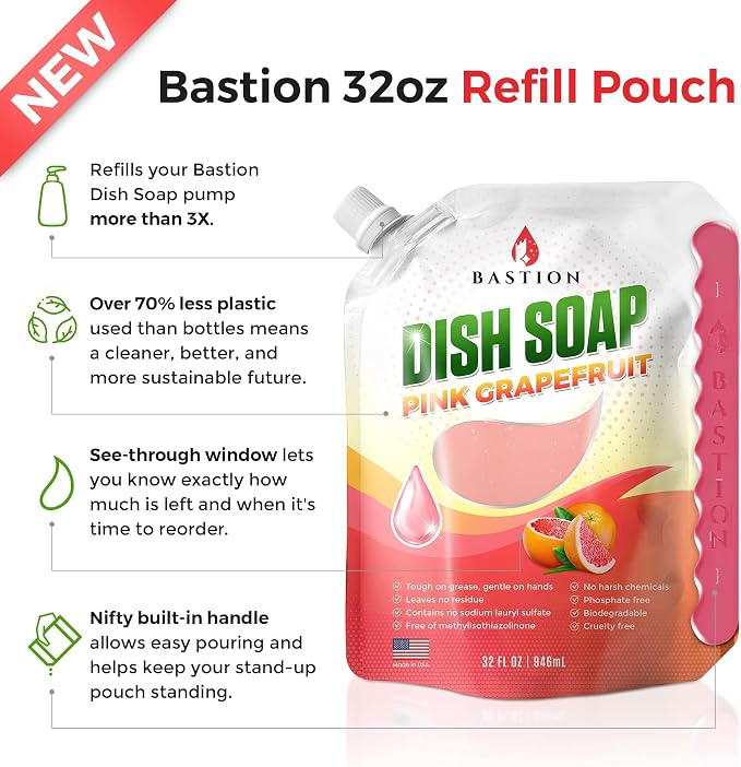 Bastion Dish Soap - Liquid Dishwashing Degreaser & Detergent - Pink Grapefruit Fragrance - (6) 32oz Refill Pouches - All Natural - Cruelty-Free
