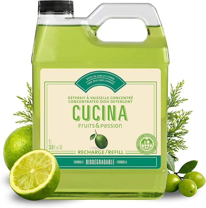 Fruits & Passion Cucina Concentrated Dish Soap Refill, Lime Zest & Cypress, Gentle Liquid Dishwashing Detergent with Olive Oil, Vegan & Biodegradable Formula, 1 Liter (33.8 fl oz)