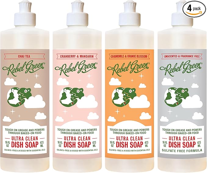 Rebel Green Ultra Clean Dish Soap, Plant-Derived Dishwashing Soap | Liquid Dish Soap 16 oz Variety Pack, Chai Tea, Cranberry Mandarin, Orange Chamomile, Unscented, 4 Pack