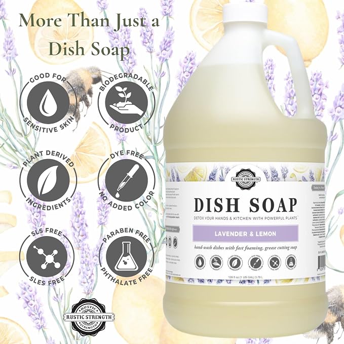 Rustic Strength Lavender and Lemon Dish Soap, Gallon Plastic | Concentrated Formula, For Dishes and Cookware,Helps Lift Grease and Food Residue