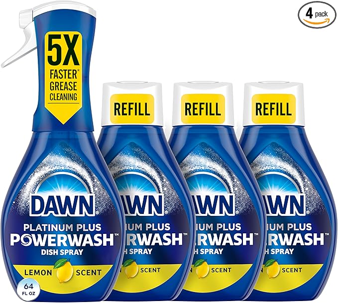 Dawn Powerwash Dish Soap Spray + 3 Dishwashing Liquid Refills Lemon, 4*16oz | Instantly breaks down 99% of residue. No water needed. Overnight soak power in minutes. Reusable sprayer.