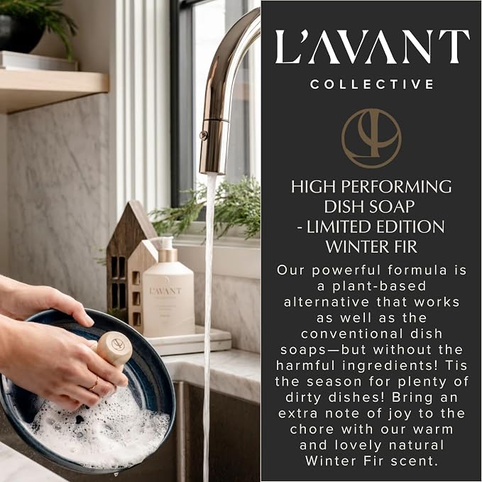 L'AVANT Natural Dish Soap, Plant-Based, Refillable Pump, Winter Fir, 16 oz | Plant-based formula, grease-cutting power, refillable glass pump bottle, gentle on hands, kid and pet safe, Winter Fir scent