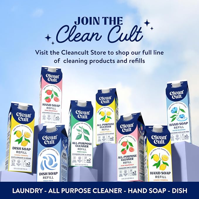Cleancult Dish Soap Liquid Refill (32oz, 1 Pack) - Plant Based Cleaning Power - Dish Soap that Cuts Grease & Grime - Free of Harsh Chemicals - Uses 90% Less Plastic - Fresh Rain