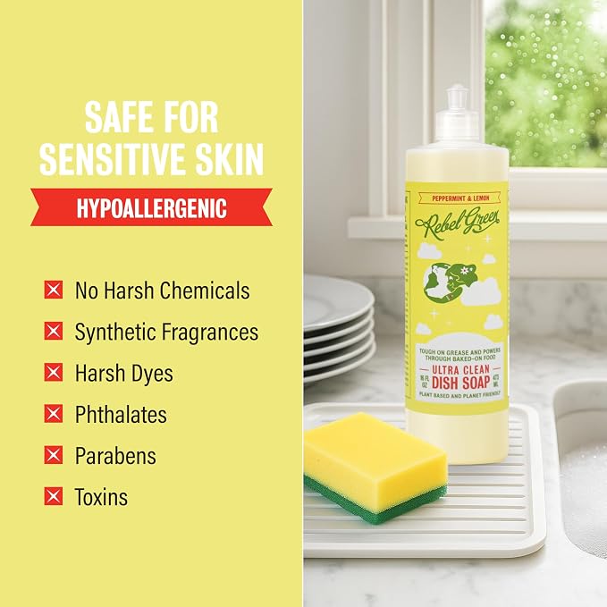 Rebel Green Ultra Clean Dish Soap, Plant-Derived Dishwashing Soap | Liquid Dish Soap for Grease and Tough Messes, No Harsh Chemicals, Peppermint & Lemon Scent, 16 fl oz, 2 Pack