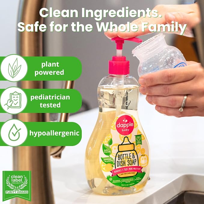 Dapple Baby Fresh Citrus Bottle & Dish Soap - (4 Pack) 16.9 fl oz - Cleans Baby Bottles, Sippy Cups, Pacifiers, Breast Pumps, & More - Gently Removes Milk Film & Odors - Includes 1 Pump
