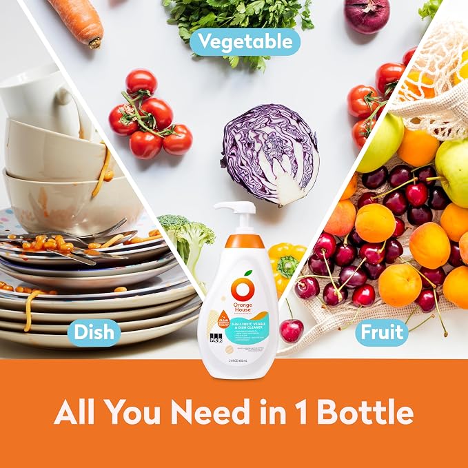 ORANGE HOUSE 3 in 1 Plant Based Dish Soap, Non Harmful Ingredients Veggie Wash, Orange Oil Fruit and Vegetable Wash, Convenient Fruit Wash, 21.9 Fl Oz Fruit Cleaner, Natural Dish Soap (1 Pack) | Cleans Dishes, Fruits & Vegetables, Eco Friendly Plant Ba...