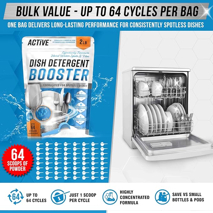 Dishwasher Detergent Booster Prewash Powder - ACTIVE Citric Acid Dishwashing Additive for Hard Water, Natural Dish Washer Shine & Rinse Aid, Lime Scale Remover for Cloudy Glassware - 64 Uses (32-oz)