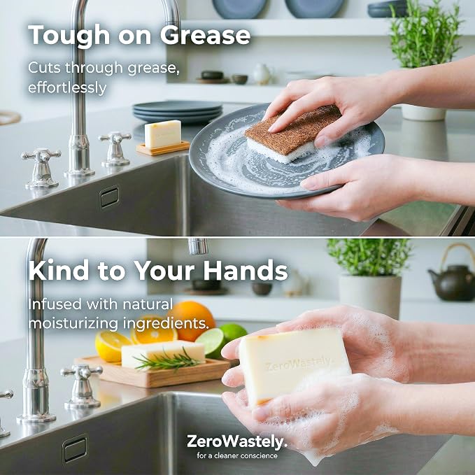 ZeroWastely Natural Dish Soap Bar - Value Pack of 3 Solid Soap Block 16oz - Lemon Scented, Long Lasting, Skin Friendly - Sustainably Made from 100% Organic Ingredients - Plastic Free Dish Soap