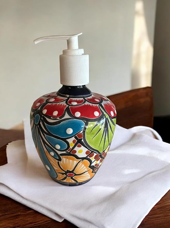 Colorful Talavera Soap Dispenser - Handcrafted Mexican Pottery for Kitchen or Bathroom Decor, 6” Tall