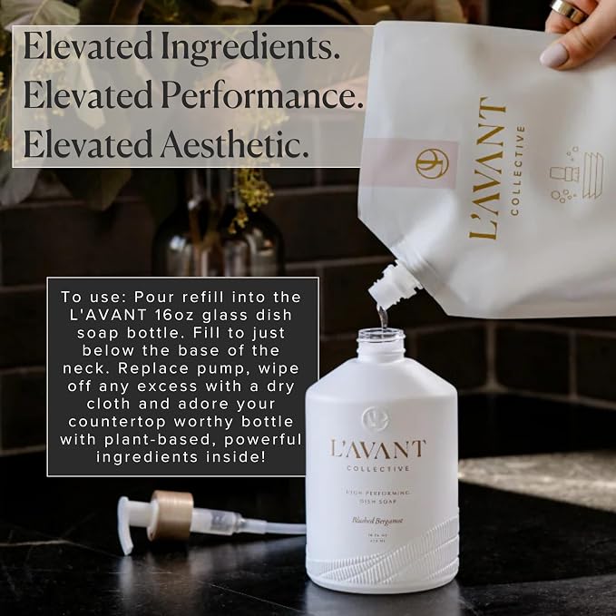 L'AVANT Natural Dish Soap Refill, Plant-Based, 32 Fl Oz, Blushed Bergamot | Plant-based, non-toxic formula, grease-cutting power, gentle on hands, Blushed Bergamot scent, cruelty-free, 32 fl oz refill