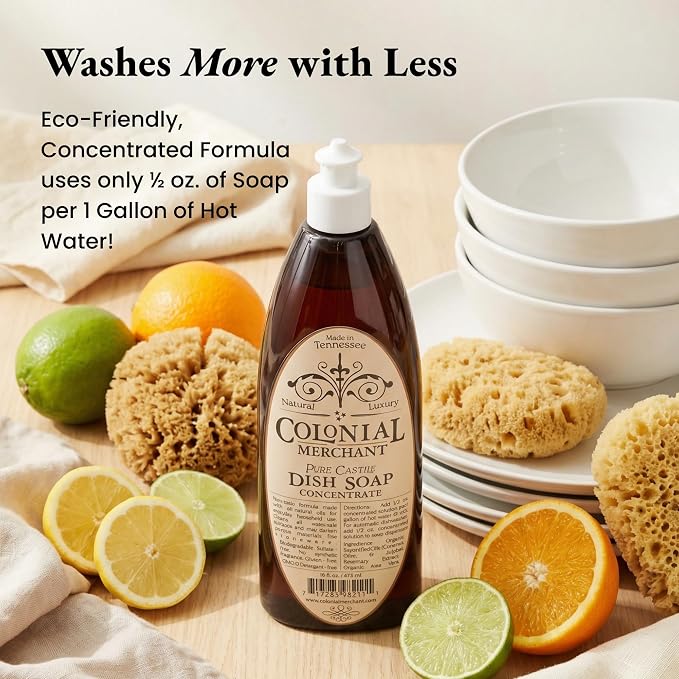 Colonial Merchant Pure Castile Dish Soap Concentrate, Fragrance‑Free, Plant‑Based & Detergent‑Free, Made with Organic Saponified Oils, Gentle Family‑Safe Dish Soap, Made in USA