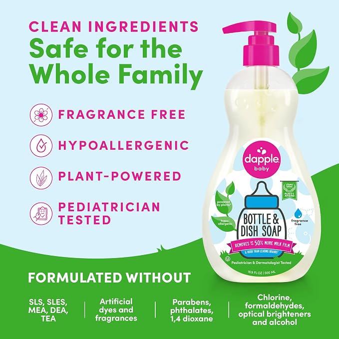 Dapple Baby Fragrance Free Bottle & Dish Soap - (3 Pack) 16.9 fl oz - Cleans Baby Bottles, Sippy Cups, Pacifiers, Breast Pumps, & More - Gently Removes Milk Film & Odors - Includes 1 Pump