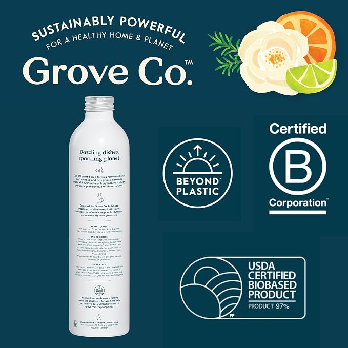 Grove Co. Dish Soap, 3 x 16 fl oz Refills + Refillable Glass Dispenser | Orange & Rosemary; Plastic-Free; Reusable dispenser; Refill format; Removes Stuck on Food; 98% plant-based ingredients