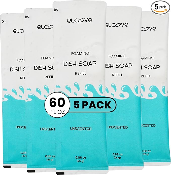 Foaming Dish Soap Refills (5pk), Concentrated Powder to Liquid Refills Make 5 Bottles x 12oz each of Non Toxic, Eco Friendly Unscented Dish Soap, Septic Safe