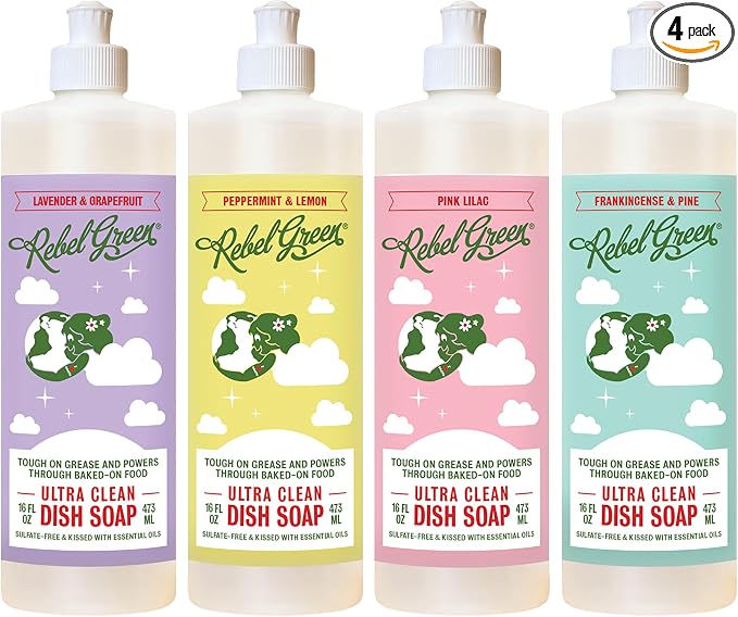 Rebel Green Ultra Clean Dish Soap, Plant-Derived Dishwashing Soap | Liquid Dish Soap 16 oz Variety Pack, Lavender Grapefruit, Peppermint Lemon, Pink Lilac, Frankincense Pine, 4 Pack