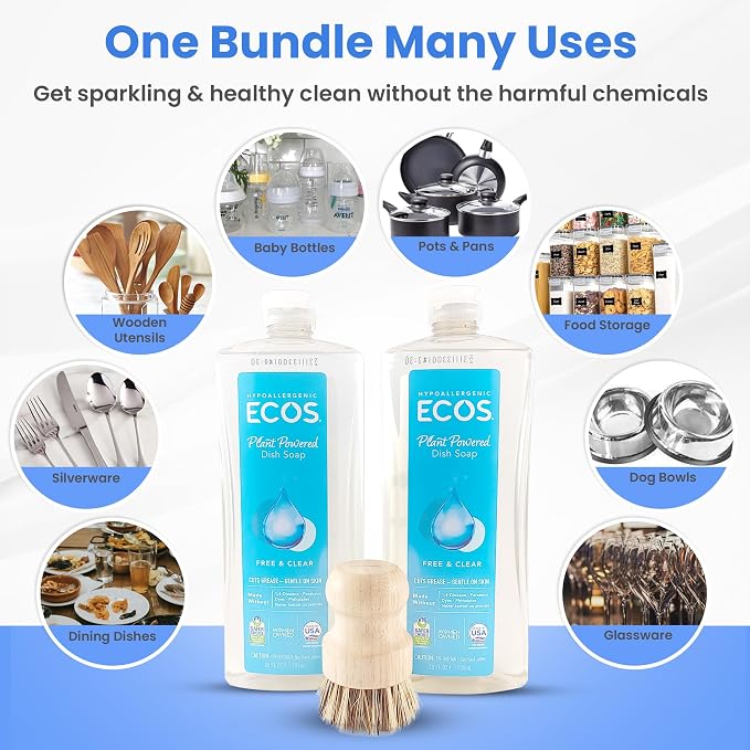Unscented Dish Soap Liquid Hypoallergenic Cleaning Pack with 1 Natural Sisal Dish Scrub Brush & 2 Unscented Clear Liquid Dishwashing Soap With Biodegradable Formula (3 Items)