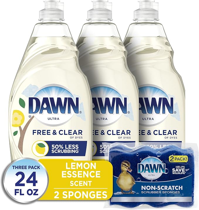 Dawn Free & Clear Dishwashing Liquid Dish Soap (3x24 oz) + Dawn Non-Scratch Scrubber Sponge (2 Count), Lemon Essence